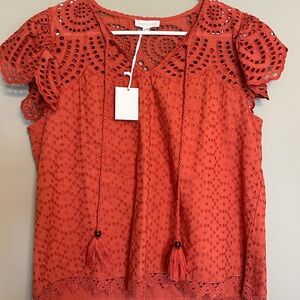 NWT Jennifer Grace Terracotta Eyelet Tassel Blouse size M